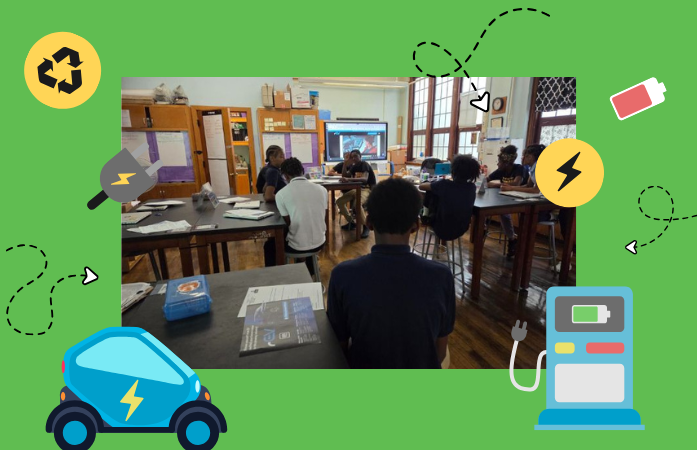  EV flyer with a picture of students looking at a TV in the middle.